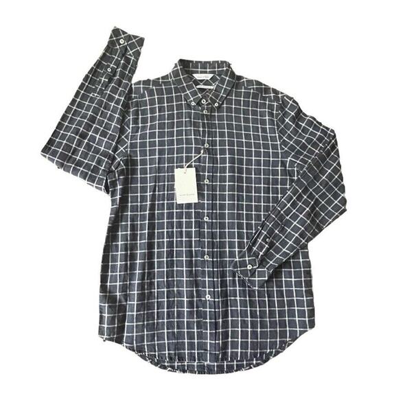 NWT Samsoe Samsoe Liam Button Down Shirt Mens Large Navy Plaid LS Linen Blend - Picture 1 of 10